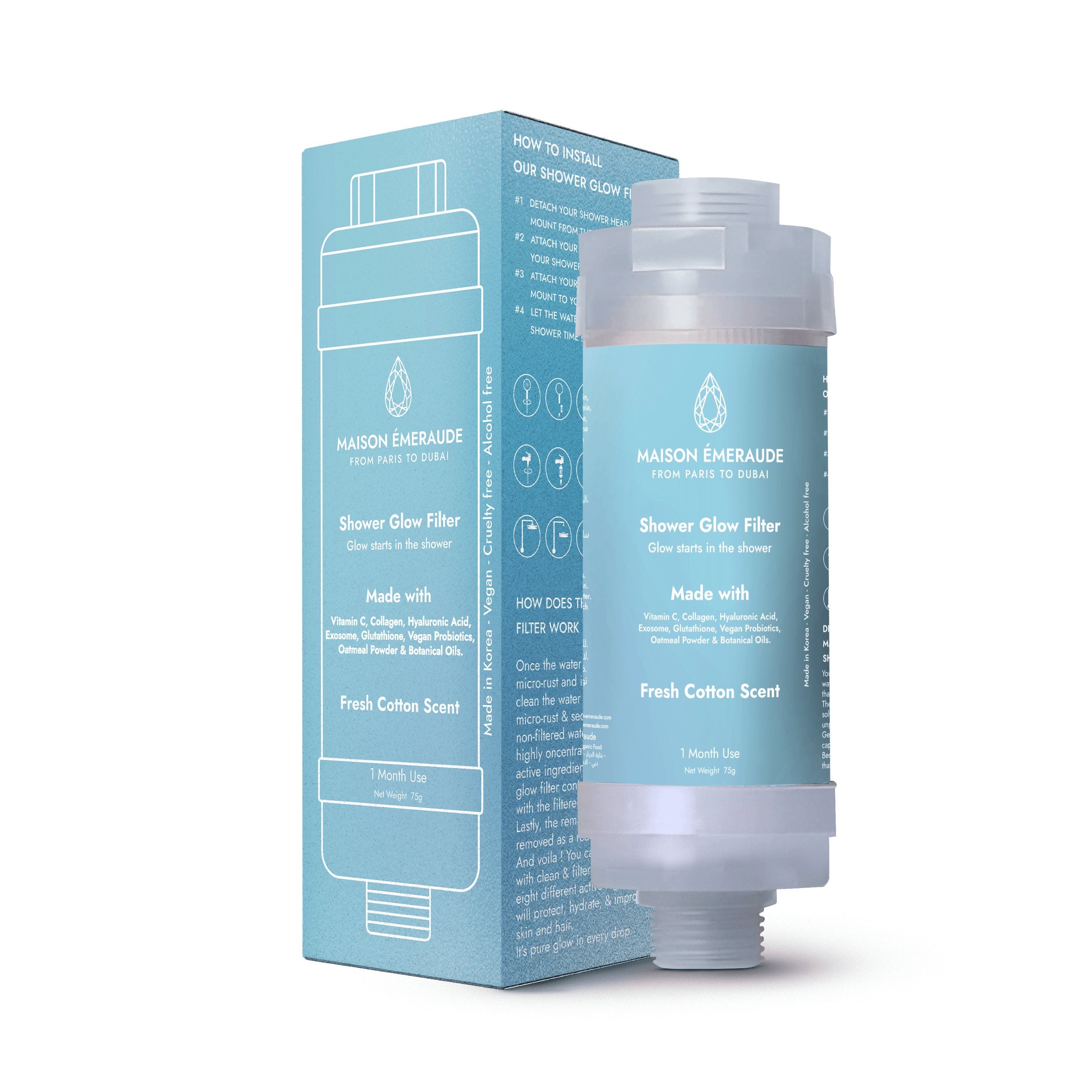 Packaging of Shower Glow Filter Fresh Cotton by Maison Emeraude