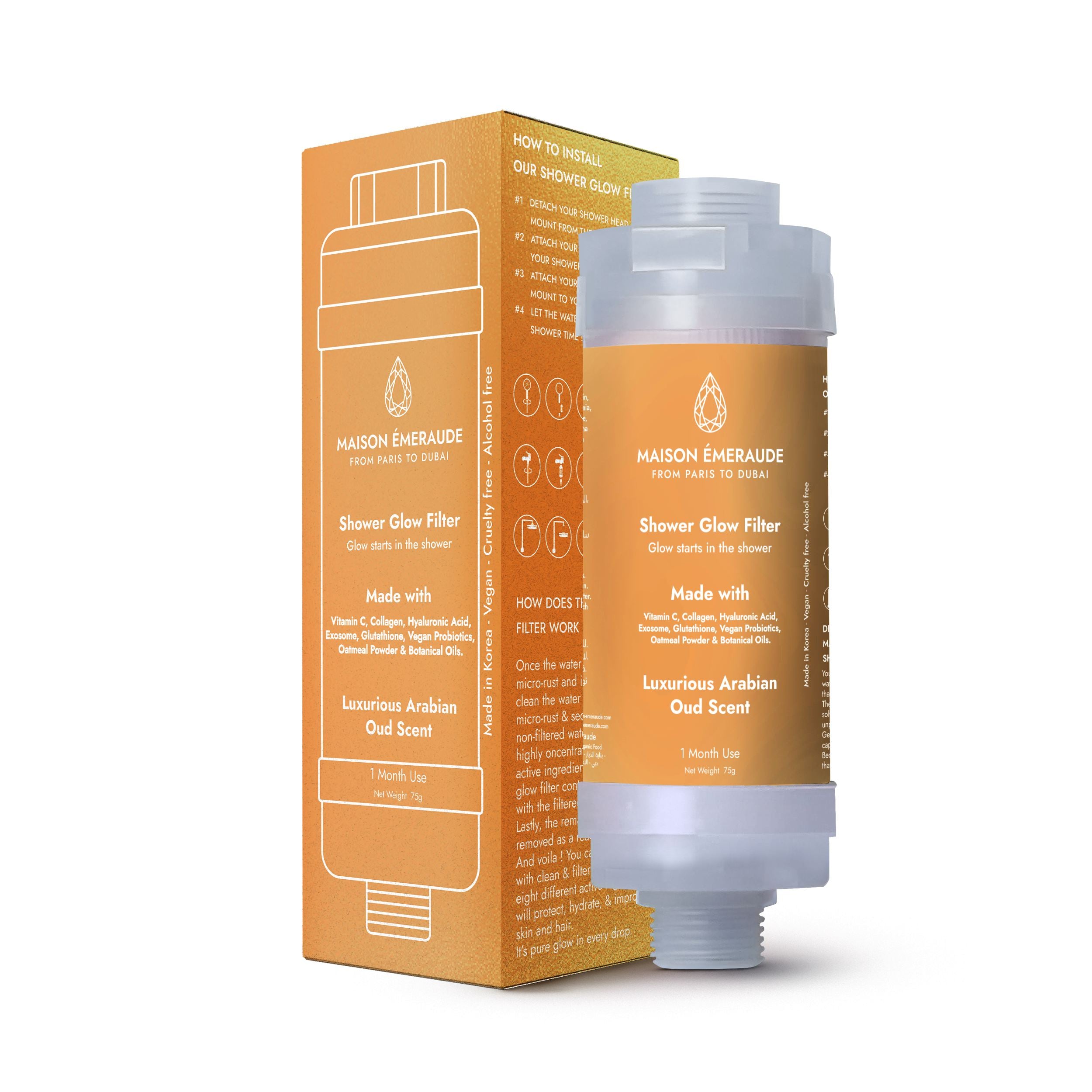 Packaging of Shower Glow Filter Oud by Maison Emeraude